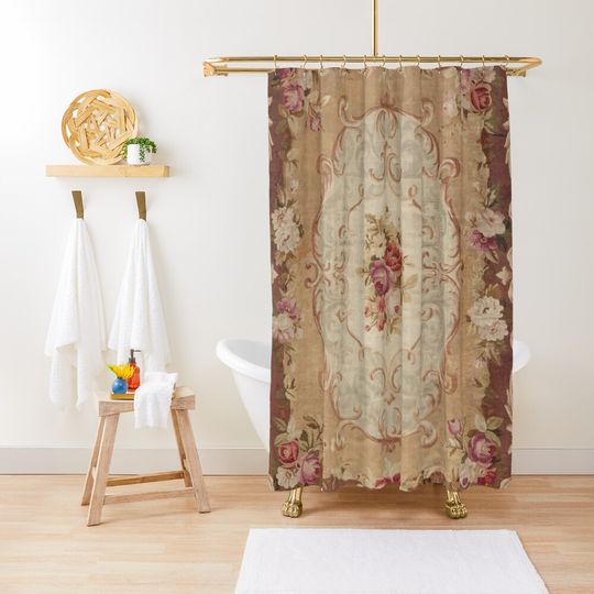 Discover Antique Rose Floral French Aubusson Rug Print Shower Curtain