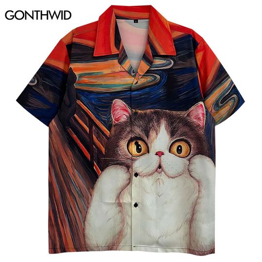 Discover Vintage Funny Cat The Scream Hawaiian Shirt