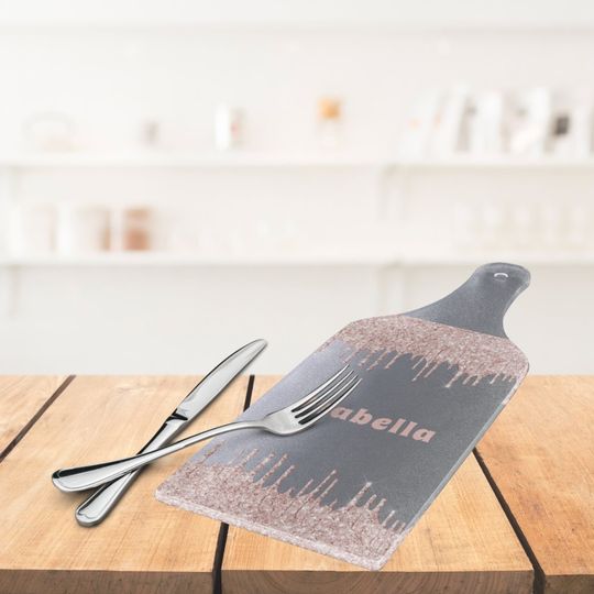 Discover Silver Rose Gold Glitter Drip Custom Cutting Board with Handle