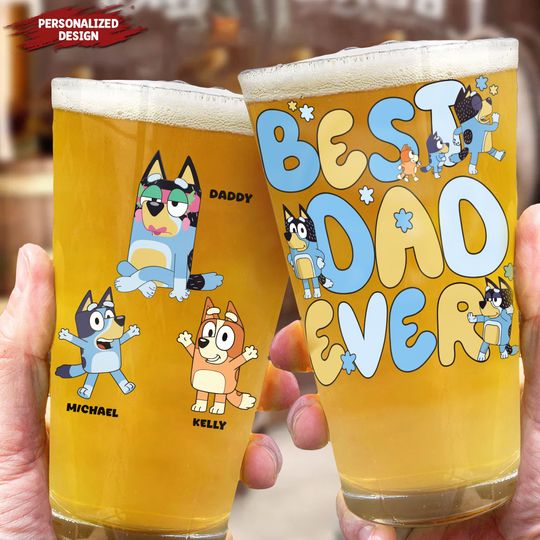 Discover Custom BlueyDad pint glass, gift for dad, father's day gift, personalised gift, cartoon