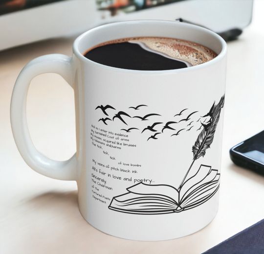 Discover The Tortured Poets Department Coffee Mug | Poets-Books-Birds Design Ceramic Mug
