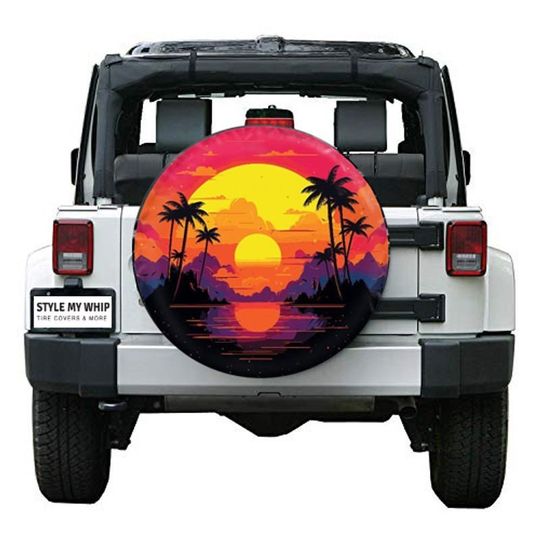 Discover Neon sunset over palm trees tropical Spare Tire Cover