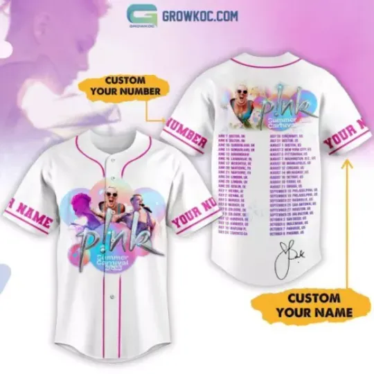 Discover Pink Summer Carnival 2023 Tour White Design Personalized Baseball Jersey