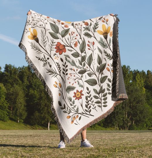 Discover Wildflower Lover Blanket, Vintage Woven Tapestry, Boho Flower Lover Blanket