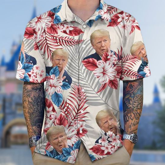 Discover Custom Donald Trump Face Hawaii Shirt, Donald Trump 4th July Button