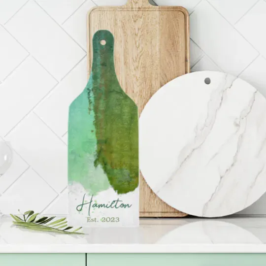 Discover Green And Blue Watercolor Monogram Established Cutting Board