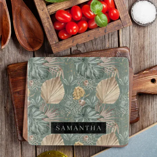 Discover Tropical Watercolor Gold & Green Leaves Pattern  Cutting Board