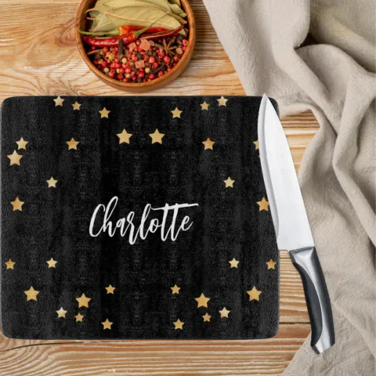 Discover Black gold stars name elegant cutting board