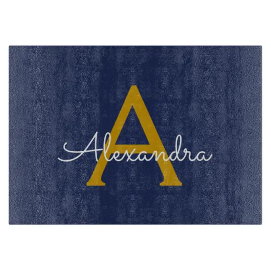Discover Navy Blue Gold Modern Script Girly Monogram Name Cutting Board