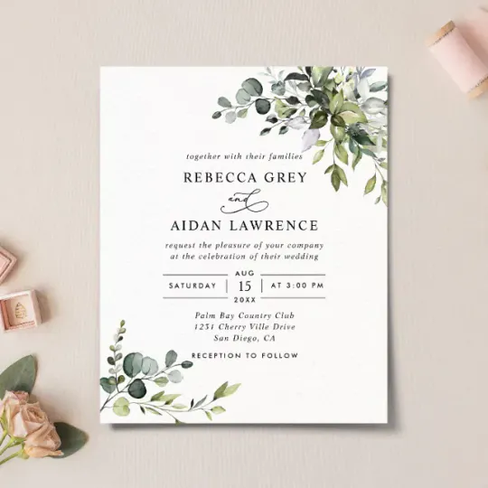 Discover Budget Dusty Blue Greenery Wedding Invitation