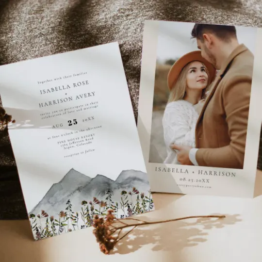 Discover HEIDI Boho Watercolor Mountain Wildflower Wedding Invitation
