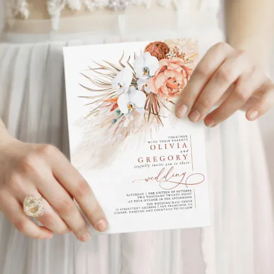 Discover Terracotta Floral Pampas Grass Tropical Wedding Invitation