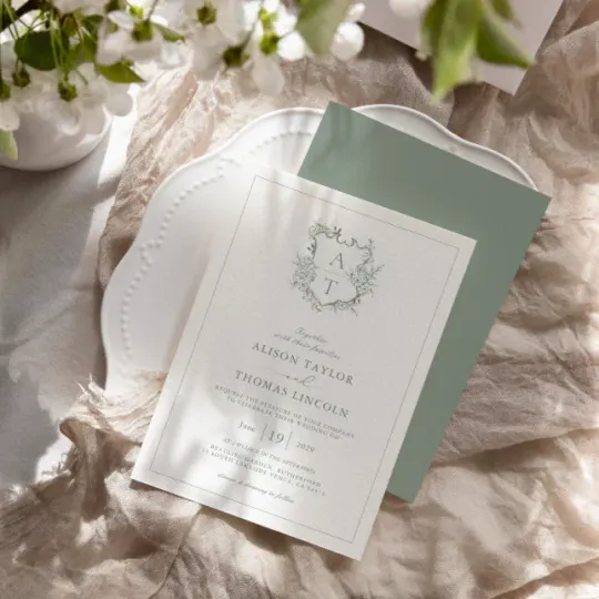 Discover Formal Crest Sage Green Monogram Wedding Invitation