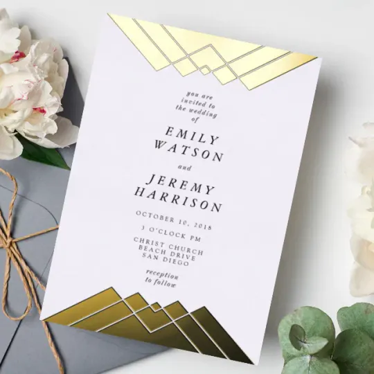 Discover Geometric Gold Gatsby Wedding Pressed Foil Invitation