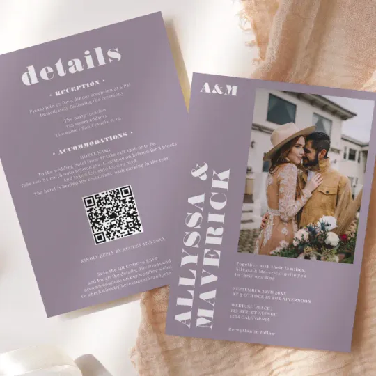 Discover Elegant Bold simple white purple photo wedding Invitation
