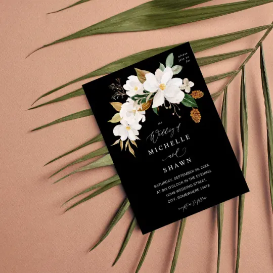 Discover Magnolia White Floral Wedding - Black Invitation