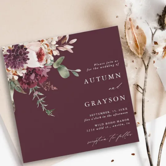 Discover Autumn Romance Burgundy Watercolor Wedding Square Invitation