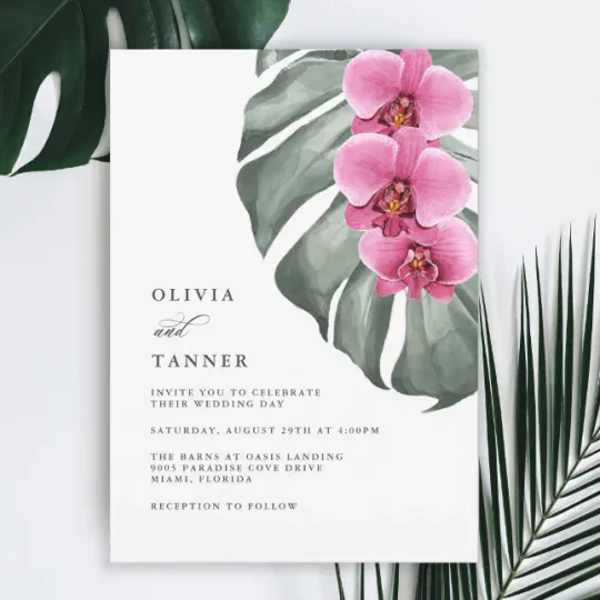 Discover Hot Pink Orchids on Monstera Tropical  Wedding Invitation