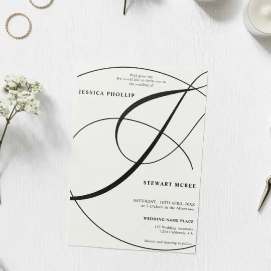 Discover Script black white all in one calligraphy wedding invitation