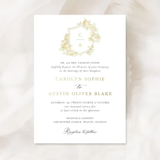 Discover Elegant French Roses Floral Monogram Crest Wedding Foil Invitation