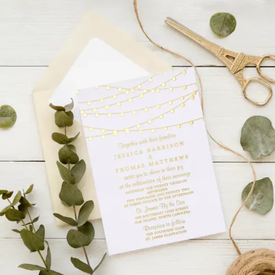 Modern String Lights Wedding Real Foil Invitation