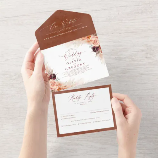Discover Terracotta Flowers and Pampas Grass Exotic Wedding All In One Invitation