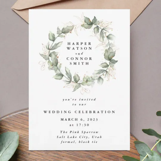 Discover Gold Eucalyptus Wedding Wreath Greenery Moss Sages Invitation