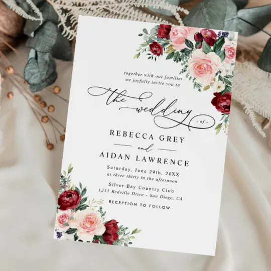 Discover Elegant Burgundy Blush Floral Greenery Wedding Invitation