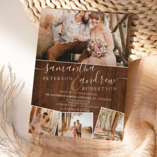 Discover Rustic brown wood chic script 5 photos wedding invitation
