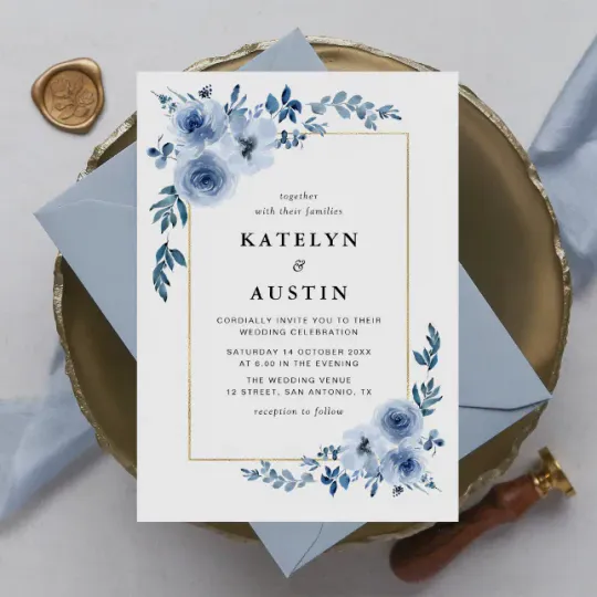 Discover elegant frame blue floral wedding invitation