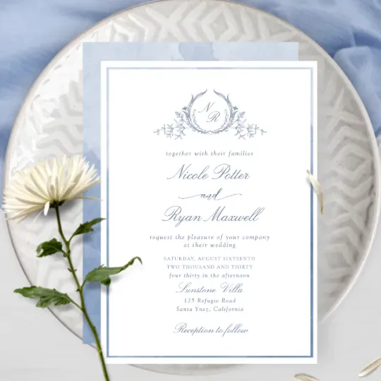 Discover Classic Monogram Dusty Blue Watercolor Wedding Invitation