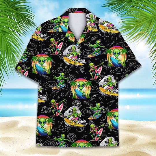 Discover Alien Surfing Hawaiian Shirts, Tropical Summer Beach Aloha Hawaiian Shirts