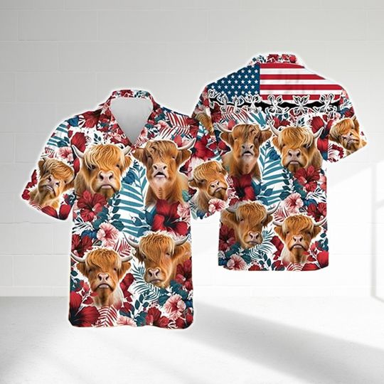 Discover Cattle America Flag Hawaiian Shirt, Floral Cow Patriotic Hawaii Shirt