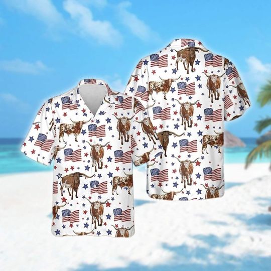 Discover Tx Longhorn Cattle USA Flag Pattern Hawaiian Shirt, Cow 4th Of July Hawaii Shirt