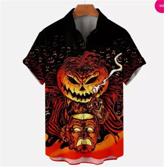 Discover Halloween Scary Pumpkin Jack O Lantern Print Unisex Button Hawaiian Beach Shirt