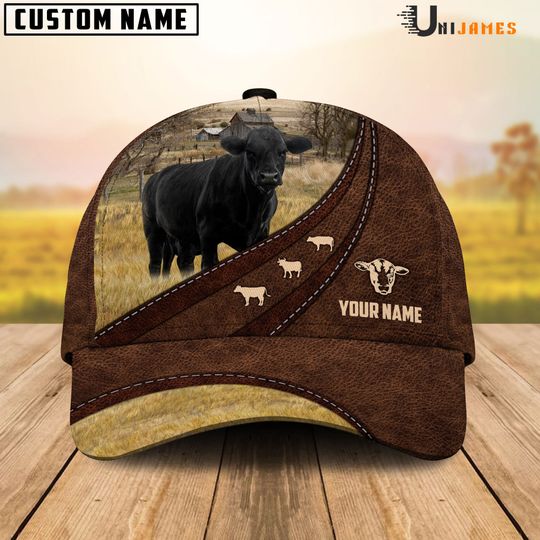 Discover Black Angus Amazing Farm Leather Pattern Customized Name Cap