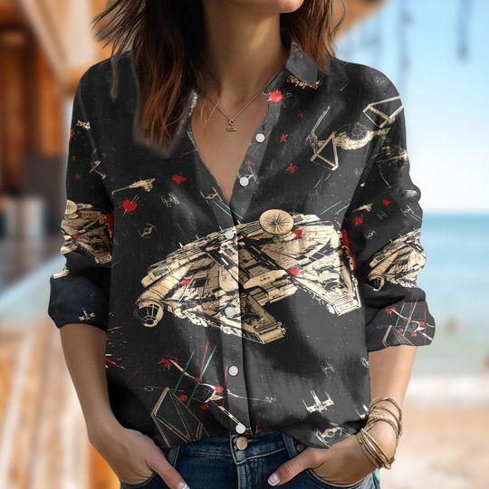 Discover Star Linen Shirt, Spaceship Casual Linen Button Down Shirt, Cartoon Women Blouses Shirt
