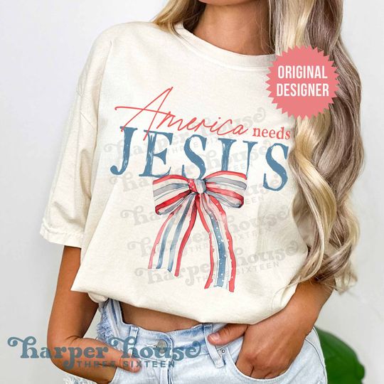 Discover America Needs Jesus Coquette Bow  Patriotic Shirt