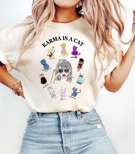 Discover Swiftie Karma Is A Cat Shirt, The Era Cat Shirt, Swiftie Music Lover Tee, Music Fan Album Shirt