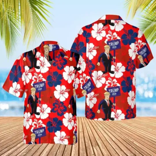 Discover Trump 2024 Tropical Hibiscus Flowers Trumpical Re-Elect 3D HAWAII SHIRT