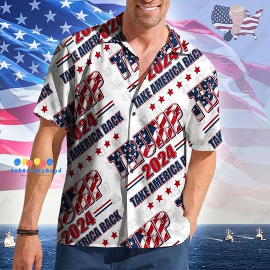 Discover Trump 2024 Hawaiian Shirt with American Flag