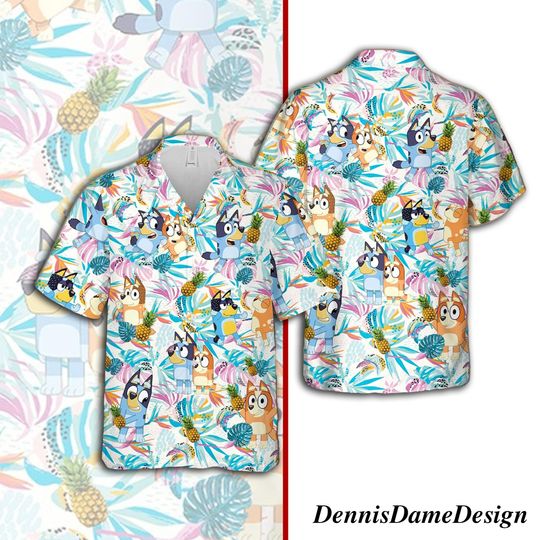 Discover Blue Hawaiian Cartoon Beach Shirt for Summer