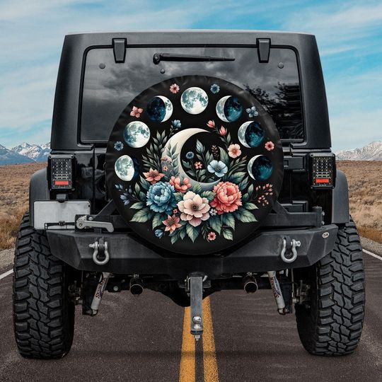 Discover Moon Phases And Flowers Spare Tire Cover, Boho Moon Spare Tire Cover