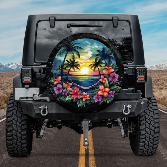 Discover Tropical Starry Night Garden Spare Tire Cover, Sunset Palm Trees Tropical Spare Tire Cover