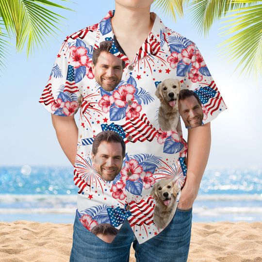 Discover Custom 4th of July Hawaiian Shirt, Portrait Dog Face Independence Day Shirt, America Flag Hawaiian Shirt