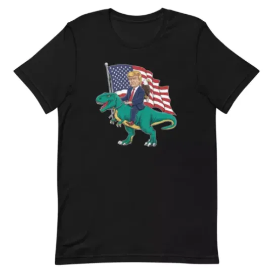 Discover Trump Riding Dinosaur American Flag Eagle USA Patriotic 4th of July T-Shirt
