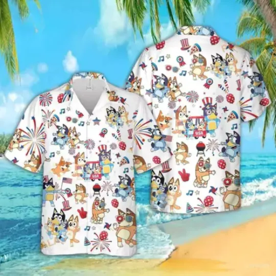 Discover BlueyDad 4th Of July Hawaiian Shirt, BlueyDad And Bingo Button Shirt