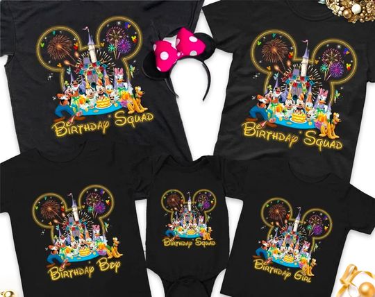 Discover Personalized Mouse Ears Birthday Squad T-Shirt, Funny Mouse And Friends Castle Firework Shirt