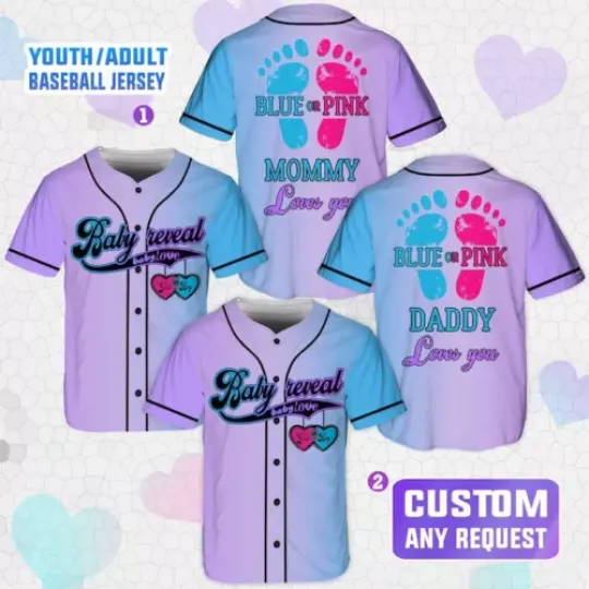 Discover Personalized Baby Reveal Baseball Jersey, Blue or Pink Gender Reveal Jersey