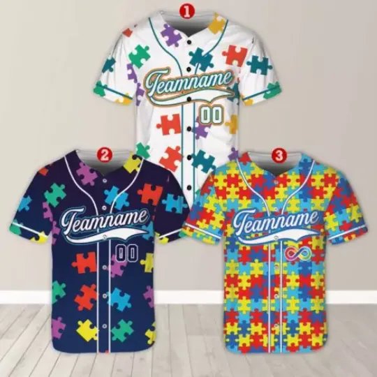 Discover Personalized Autism Awareness Baseball Jersey, Custom Name Puzzle Autism